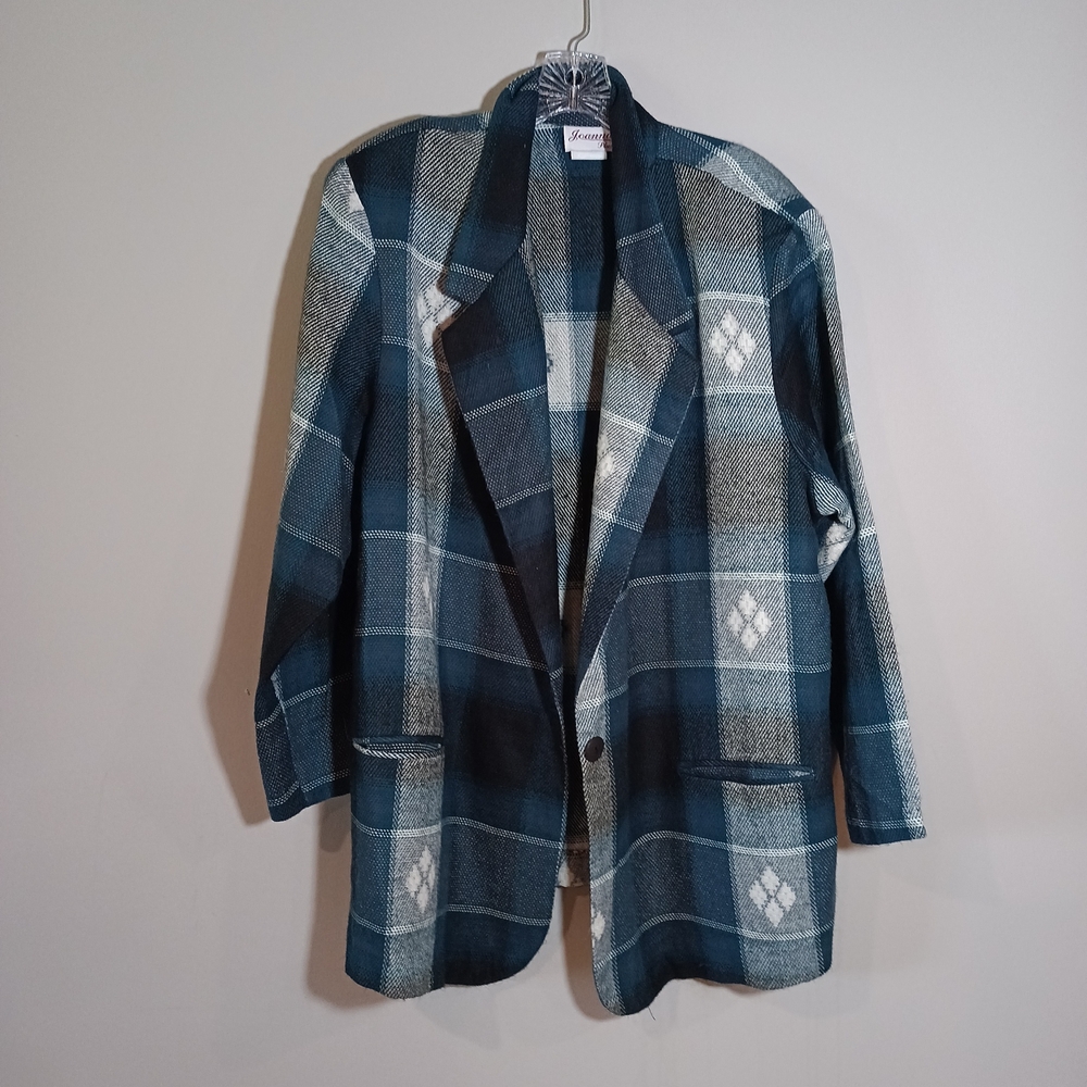Vintage Joanna plus Preppy Gray Blue Plaid Southwest Blazer Made in USA